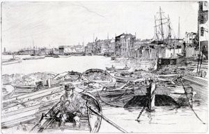 Ansicht der Themse über das Londoner Becken, 1859, gehört zu einer Serie von Gravuren über die Themse, die die Gemeinschaft der Seearbeiter in der englischen Hauptstadt hervorhebt von James Abbott McNeill Whistler
