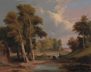 Bewaldete Flusslandschaft mit Fischern von James Arthur O
