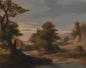 Bewaldete Flusslandschaft mit Mutter und Kind