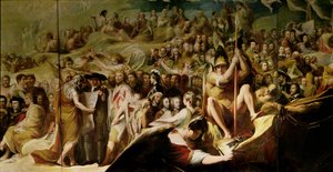Elysium oder der Zustand der endgültigen Vergeltung, sechste in der Serie Der Fortschritt der menschlichen Kultur und des Wissens, Detail von Wissenschaftlern und Philosophen