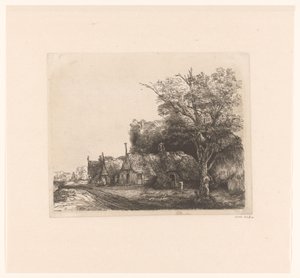 Landschaft mit drei giebelständigen Häusern an einer Straße