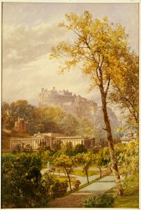 Ein Blick auf die Princes Street Gardens und die National Gallery, Edinburgh, Blick nach Westen in Richtung Schloss, 1855 von James Burrell Smith