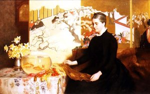 Dame mit japanischem Paravent und Goldfisch (Porträt der Mutter des Künstlers) von James Cadenhead