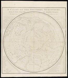 Eine Karte der südlichen Hemisphäre; zeigt die Routen einiger der bekanntesten Entdecker, von Kapitän James Cook, von Seiner Majestät Marine von James Cook