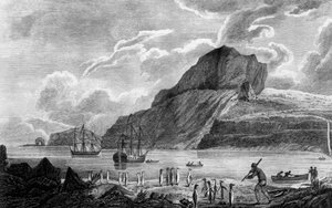 Kerguelen-Insel, Blick auf die Weihnachtsbucht, Zeichnung von William Hodges, Kupferstich von William Watts, Illustration aus Reise zum Südpol und um die Welt, von James Cook, Ausgabe veröffentlicht in Paris 1778