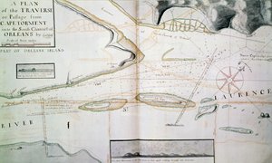 Karte der Überquerungen des Sankt-Lorenz-Stroms bei Quebec, gezeichnet von James Cook (zwischen 1758-1763)