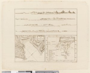Vier Profile der Küste von Terra del Fuego, ein Plan der Success Bay in der Straße Le Maire, eine Karte des südöstlichen Teils von Terra del Fuego, graviert von T. Borven und J. Gibson