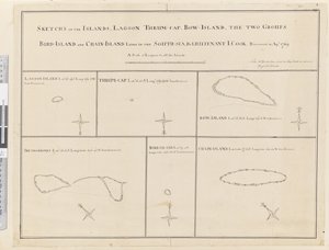 iii. Skizzen der Inseln Lagune, Thrum-Cap, Bow-Island, die Zwei Gruppen, Vogelinsel und Ketteninsel, im Süden, Meer... entdeckt im April 1769 von James Cook