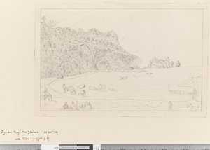 Ansicht des Wasserplatzes Tegadoo Bay, Neuseeland, 23. Oktober 1769 von James Cook
