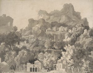 Felsige Landschaft mit klassischen Gebäuden, um 1745 von James Deacon