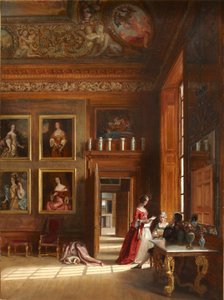 Eine romantische Ansicht des großen Schlafzimmers des Königs mit einer Gruppe von Menschen in Kostümen des 17. Jahrhunderts, ca. 1703-05 von James Digman Wingfield