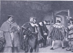 Entlassung von Kardinal Wolsey durch König Heinrich VIII, aus Cassells Geschichte des britischen Volkes, veröffentlicht von der Waverley Book Company, ca. 1950er Jahre von James Dromgole Linton