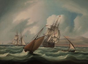 Erstrangiges Schiff und andere Schiffe vor der spanischen Küste