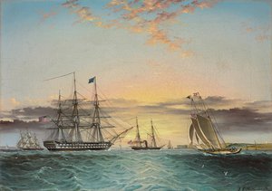 Die U.S.S. Ohio im Schlepp im Lower Bay, New York mit Blick auf Fort Hamilton von James E. Buttersworth
