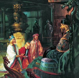Marco Polo vor Kublai Khan, 20. Jahrhundert (Lithografie) von James Edwin McConnell