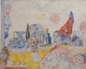 Pierrot und Skelett in einem gelben Gewand
