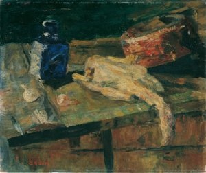 Stillleben mit blauer Flasche und gerupftem Huhn von James Ensor
