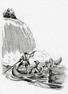 Die Hauptfiguren in einem Kanu bei einem Wasserfall, Illustration für Der letzte Mohikaner von James Fenimore Cooper, Principato Editore, Mailand