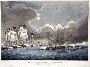 Schlacht von Plattsburg Bay: McDonoughs Sieg, veröffentlicht 1840 (handkolorierter Stich) von James Fuller Queen