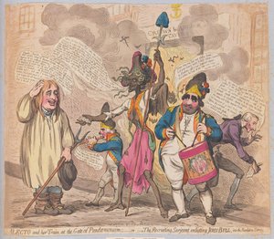 Alecto und ihr Gefolge am Tor von Pandaemonium oder der Rekrutierungssergeant wirbt John Bull für den Revolutionsdienst an, veröffentlicht (handkolorierte Gravur)
