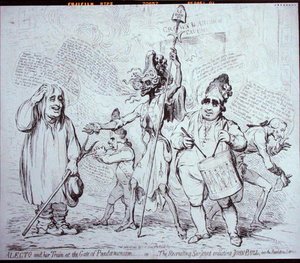 Alecto und ihr Gefolge am Tor von Pandemonium, oder Der Rekrutierungssergeant, der John Bull in den Revolutionsdienst einzieht, veröffentlicht von S.W. Fores im Jahr 1791 von James Gillray
