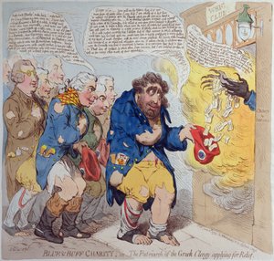Blau und Buff Charity, oder Der Patriarch des griechischen Klerus bittet um Hilfe, veröffentlicht von Hannah Humphrey im Jahr 1793 (handkolorierte Radierung) von James Gillray