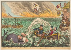 Britische Matrosen schleppen die dänische Flotte in den Hafen, der Broad-Bottom Leviathan..., 1. Oktober 1807