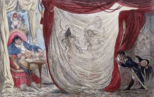 Karikatur über Napoleon, Paul Barras, Josephine und Mademoiselle de Fontenay, genannt auch Teresa (Theresa oder Terezia) Cabarrus, genannt Madame Tallien (Talien) oder diese Damen tanzen nackt für Barras, unter dem verstohlenen Blick von Napoleon [Josephin