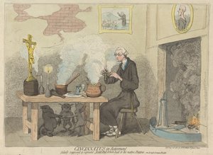 Cincinnatus im Ruhestand, fälschlich für Jesuit-Pad gehalten, der zu seinen heimischen Kartoffeln zurückgetrieben wurde. (aus: Karikatur, Bd. 2) von James Gillray