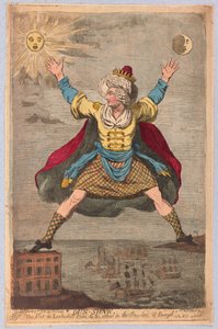 Dun-Shaw, ein Fuß in der Leadenhall Street und der andere in der Provinz Bengalen, veröffentlicht 1788 von James Gillray