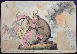 Verzauberungen, die kürzlich auf dem Berg von Wales gesehen wurden, oder Shon-ap-Morgans Versöhnung mit der Feenprinzessin, veröffentlicht von Hannah Humphrey im Jahr 1796 von James Gillray