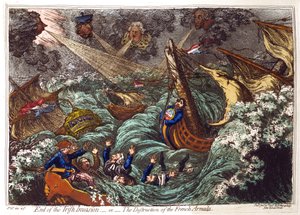 Ende der irischen Invasion - oder - Die Zerstörung der französischen Armada, James Gillray 1797. Französische Schiffe im Sturm zerstört, gesprengt von Pitt, oben links und seinen Ministern. Charles James Fox und seine Oppositionsverbündeten in Gefahr zu er