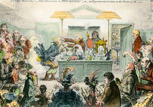 Englische Satire auf die Wissenschaft: neue Entdeckungen in pneumatischen Materialien. Satirische Zeichnung über die Begeisterung für wissenschaftliche Konferenzen im 19. Jahrhundert. Gravur von James Gillray (1757-1815)