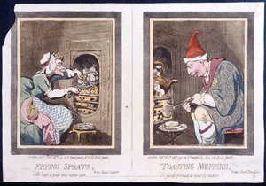 Sprotten braten, oder königliches Abendessen, und Muffins toasten, oder königliches Frühstück, veröffentlicht von Hannah Humphrey im Jahr 1791 (handkolorierte Radierung)