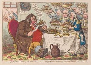 John Bull beim Mittagessen oder britische Köche stopfen Old Grumble Gizzard mit Bonne Chere voll, veröffentlicht 1798