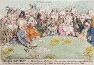 Moderne Gastfreundschaft oder eine freundliche Party im hohen Leben, veröffentlicht von Hannah Humphrey 1792 von James Gillray