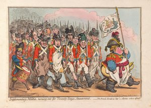 Ergänzungsmiliz, die für zwanzig Tage Vergnügen ausrückt, veröffentlicht 1796 von James Gillray