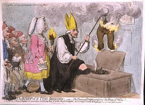 Die Hose des Bischofs von Tun, oder Der flammende Eveque reinigt das Aborthäuschen, veröffentlicht von Hannah Humphrey 1792 von James Gillray