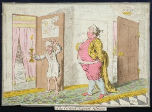 Der Groß-Signor zieht sich zurück, veröffentlicht von Hannah Humphrey im Jahr 1796 (handkolorierte Radierung)