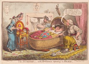 Das Kinderzimmer; mit Britannia, die in Frieden ruht, veröffentlicht 1802 von James Gillray