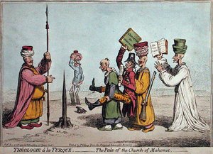 Theologie a la Turque, Der Palisaden der Kirche Mahomet, veröffentlicht von Hannah Humphrey im Jahr 1799 von James Gillray