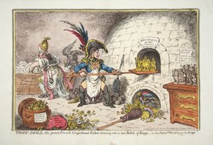 Tiddy-Doll, der große französische Lebkuchenbäcker, zieht eine neue Charge Könige. - sein Mann Hopping Talley, mischt den Teig, veröffentlicht 1806 (handkolorierte Gravur) von James Gillray
