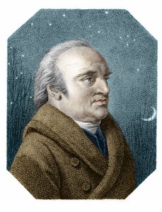 Porträt von William Herschel (1738-1822) vor einem sternenklaren Himmel - aus einem Kupferstich von James Godby