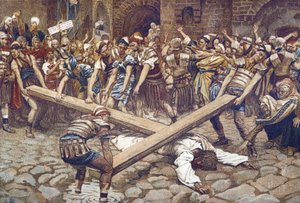 Simon von Kyrene gezwungen, das Kreuz zu tragen - aus „Das Leben unseres Herrn Jesus Christus“ - 1899 von James Tissot - Das Leben unseres Herrn Jesus Christus, von Jacques Joseph (Jacques-Joseph) Tissot genannt James Tissot (1836-1902) von James Jacques Joseph Tissot