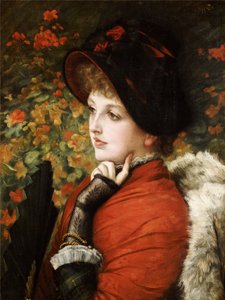Typ der Schönheit: Porträt von Mrs. Kathleen Newton in einem roten Kleid und schwarzem Hut, 1880 von James Jacques Joseph Tissot