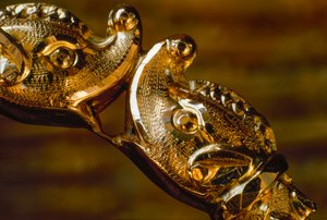 Ein handgefertigtes goldenes Armband zeigt zwei kollidierende Haiköpfe. Südamerika von James L Stanfield
