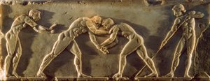 Antike griechische Athleten dargestellt auf einem Basrelief aus dem 6. Jahrhundert v. Chr. Nationales Archäol... von James L Stanfield