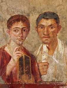 Römisches Fresko in Pompeji zeigt ein Paar mit Schreibwerkzeugen. Museo Archeologico... von James L Stanfield