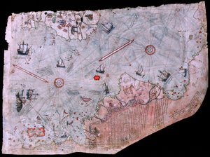 Die Karte von Piri Reis Haritasi, fertiggestellt 1513. TOPKAPI PALASTMUSEUM, ISTANBUL, TÜRKEI