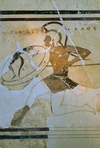 Wandfresko eines Hoplitodromos alias Hoplitodromia-Läufers. Akropolis-Museum. Athen, Griechenland. von James L Stanfield